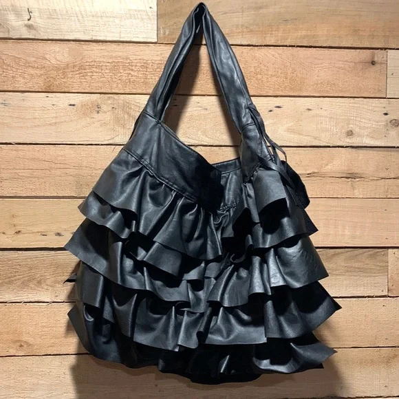 Bueno black faux leather ruffled tier shoulder bag - Picture 1 of 8